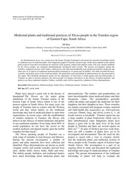 Medicinal Plants and Traditional Practices of Xhosa People in the Transkei Region of Eastern Cape, South Africa