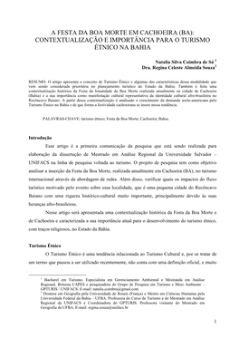 A Festa Da Boa Morte Em Cachoeira (Ba): Contextualização E Importância Para O Turismo Étnico Na Bahia