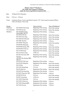 1 Minutes of the 2 Meeting of the Traffic and Transport Committee