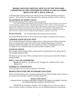 Reorganization Meeting of the Township Committee of the Township of Lower Alloways Creek Being Held in Compliance with the “Open Public Meetings Act” N.J.S.A