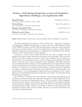 Preface: AAAI Spring Symposium on Survival Prediction - Algorithms, Challenges, and Applications 2021