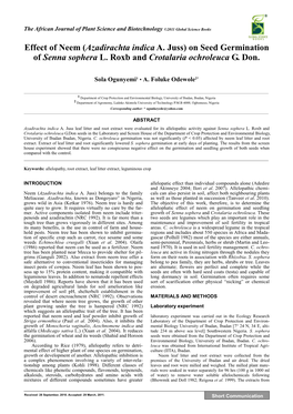 Effect of Neem (Azadirachta Indica A. Juss) on Seed Germination of Senna Sophera L