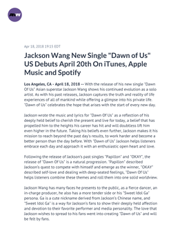 Jackson Wang New Single "Dawn of Us" US Debuts April 20Th on Itunes, Apple Music and Spotify