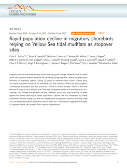 Rapid Population Decline in Migratory Shorebirds Relying on Yellow Sea Tidal Mudﬂats As Stopover Sites