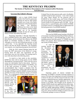 THE KENTUCKY PILGRIM the Society of Mayflower Descendants in the Commonwealth of Kentucky Fall 2019 Issue