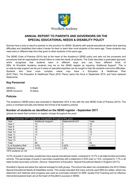 Annual Report to Parents and Governors on the Special Educational Needs & Disability Policy