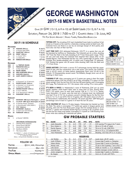 George Washington 2017-18 Men’S Basketball Notes