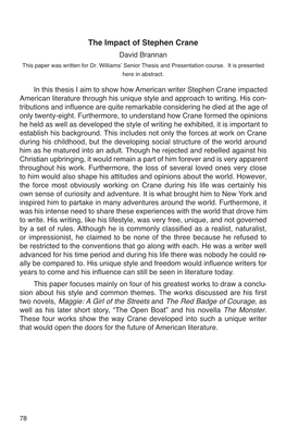The Impact of Stephen Crane David Brannan This Paper Was Written for Dr