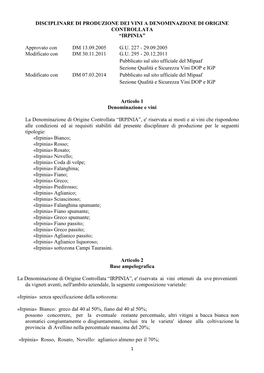 Disciplinare Di Produzione Dei Vini a Denominazione Di Origine Controllata “Irpinia”