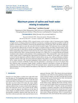 Article Travels on the Sipation Dominates, Then the Power of the Force to Generate Tide; the Vertical Length Scale Is the Depth H, Over Which Saline Work Is Limited