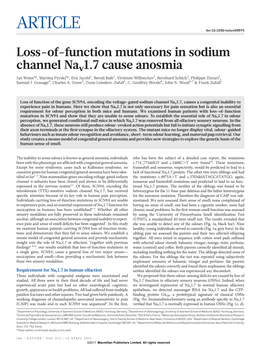 Loss-Of-Function Mutations in Sodium Channel Nav1.7 Cause Anosmia
