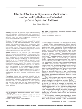 Effects of Topical Antiglaucoma Medications on Corneal Epithelium As Evaluated by Gene Expression Patterns Yuka Okada, MD, Phd