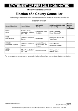 STATEMENT of PERSONS NOMINATED Election of a County