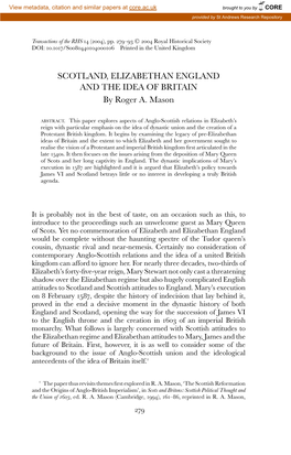 SCOTLAND, ELIZABETHAN ENGLAND and the IDEA of BRITAIN by Roger A