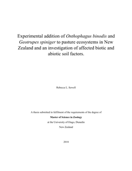 Experimental Addition of Onthophagus Binodis and Geotrupes Spiniger to Pasture Ecosystems in New Zealand and an Investigation Of