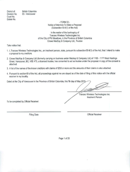 Tranzeo Wireless Technologies Inc., an Insolvent Person, State, Pursuant to Subsection 50.4(1) Oftheact, That Iintend to Make a Proposal to My Creditors