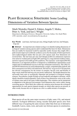 PLANT ECOLOGICAL STRATEGIES: Some Leading Dimensions of Variation Between Species