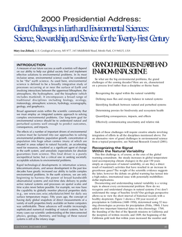 Grand Challenges in Earth and Environmental Sciences: Science,Stewardship,And Service for the Twenty-First Century