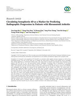 Circulating Semaphorin 4D As a Marker for Predicting Radiographic Progression in Patients with Rheumatoid Arthritis