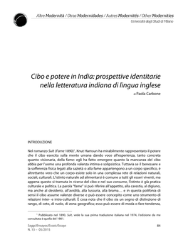 Cibo E Potere in India: Prospettive Identitarie Nella Letteratura Indiana