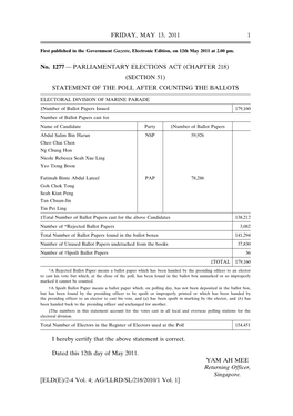 Parliamentary Elections Act (Chapter 218) (Section 51) Statement of the Poll After Counting the Ballots