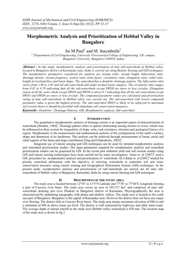 Morphometric Analysis and Prioritization of Hebbal Valley in Bangalore