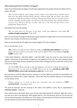 Who Destroyed the First Born of Egypt? a Priest Psalm 78: 43-48 Describes the Plagues That Fell Upon Egypt Before the People of Israel Was Delivered from Slavery