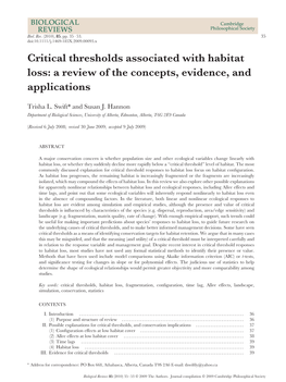 Critical Thresholds Associated with Habitat Loss: a Review of the Concepts, Evidence, and Applications