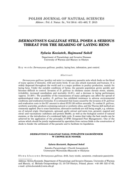 Dermanyssus Gallinae Still Poses a Serious Threat for the Rearing of Laying Hens