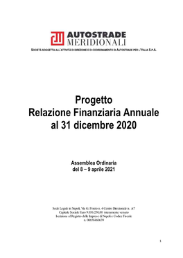 Progetto Relazione Finanziaria Annuale Al 31 Dicembre 2020