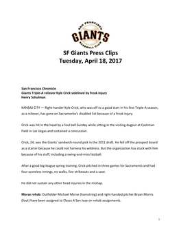 SF Giants Press Clips Tuesday, April 18, 2017