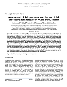 Assessment of Fish Processors on the Use of Fish Processing Technologies in Kwara State, Nigeria