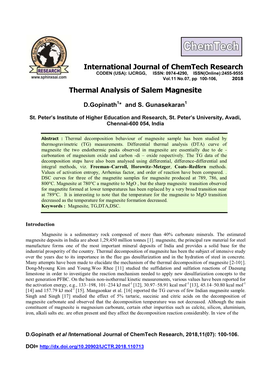 Thermal Analysis of Salem Magnesite International Journal of Chemtech Research
