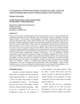 A Comparison of Preliminary Design Concepts for Liquid, Solid and Hybrid Propelled Mars Ascent Vehicles Using In-Situ Propellants Rowan University