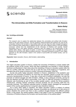 The Universities and Elite Formation and Transformation in Kosovo