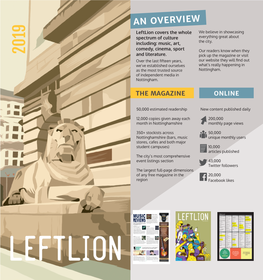 AN OVERVIEW Leftlion Covers the Whole We Believe in Showcasing Spectrum of Culture Everything Great About Including: Music, Art, the City