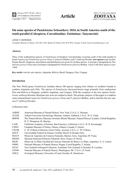 On Some Species of Pandeleteius Schoenherr, 1834, in South America South of the Tenth Parallel (Coleoptera, Curculionidae: Entiminae: Tanymecini)