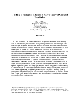 The Role of Production Relations in Marx's Theory of Capitalist Exploitation