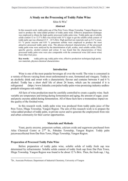 A Study on the Processing of Toddy Palm Wine