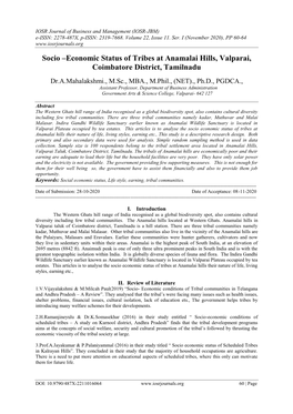 Economic Status of Tribes at Anamalai Hills, Valparai, Coimbatore District, Tamilnadu