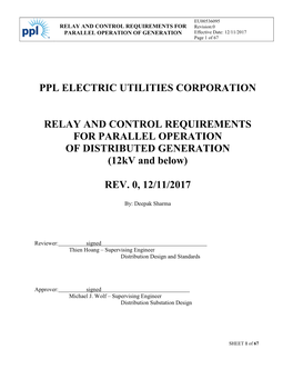 RELAY and CONTROL REQUIREMENTS for PARALLEL OPERATION of DISTRIBUTED GENERATION (12Kv and Below)