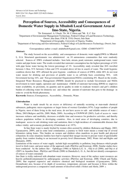 Perception of Sources, Accessibility and Consequences of Domestic Water Supply in Mbaitoli Local Government Area of Imo State, Nigeria