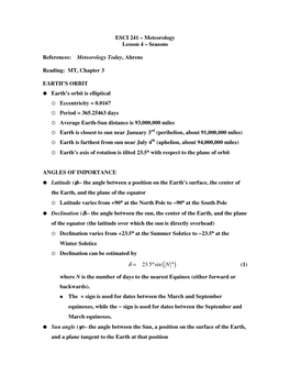 Meteorology Lesson 4 – Seasons