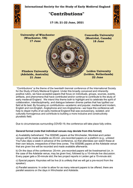 “Contributions” Is the Theme of the Twentieth Biennial Conference of the International Society for the Study of Early Medieval England