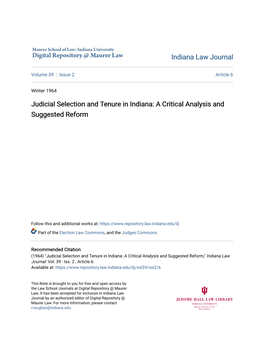 Judicial Selection and Tenure in Indiana: a Critical Analysis and Suggested Reform