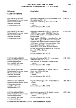 CITY of LONDON P69/SWI Page 1 Reference Description Dates