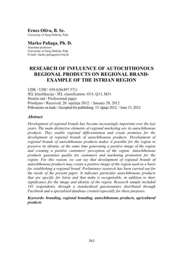 Research of Influence of Autochthonous Regional Products on Regional Brand- Example of the Istrian Region