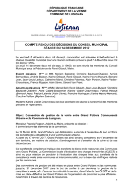 Compte Rendu Des Décisions Du Conseil Municipal Séance Du 14 Decembre 2017