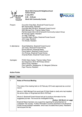 Birch Hill & Hanworth Neighbourhood Action Group 5 July 2010 6.00