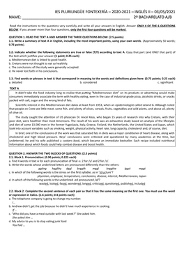 Ies Plurilingüe Fontexería – 2020-2021 – Inglés Ii – 03/05/2021 Name: ______2º Bacharelato A/B